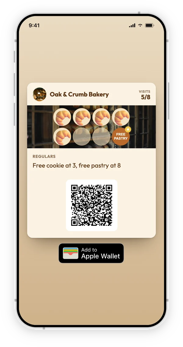 The Oak & Crumb Bakery loyalty card on an iPhone at 5 of 8 visits, with the cookie reward at stamp 3 already collected, the card's QR code for staff to scan and an Add to Apple Wallet button