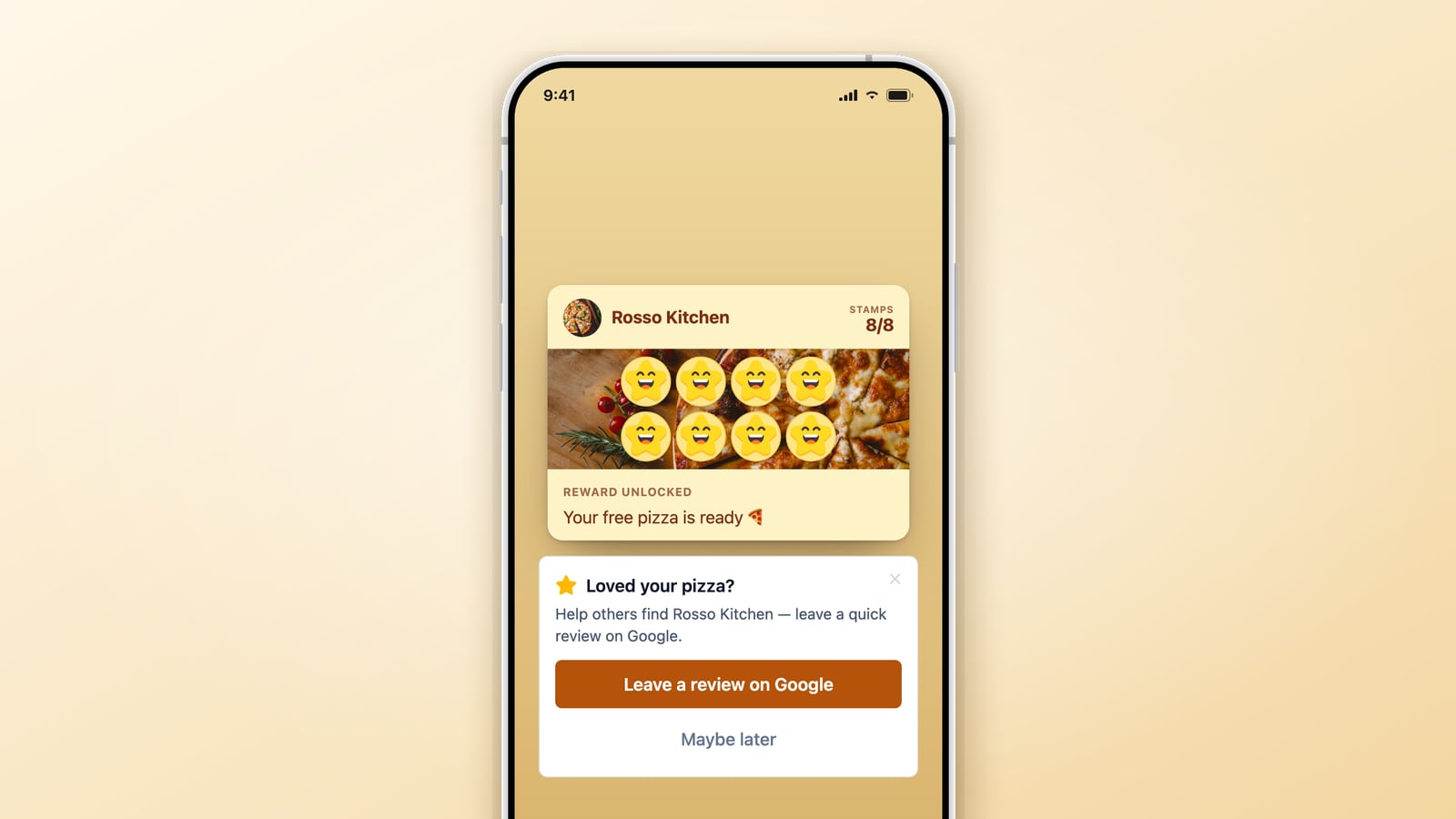A FaveCard loyalty card on a phone showing Reward unlocked, with a separate Leave a review on Google prompt below it