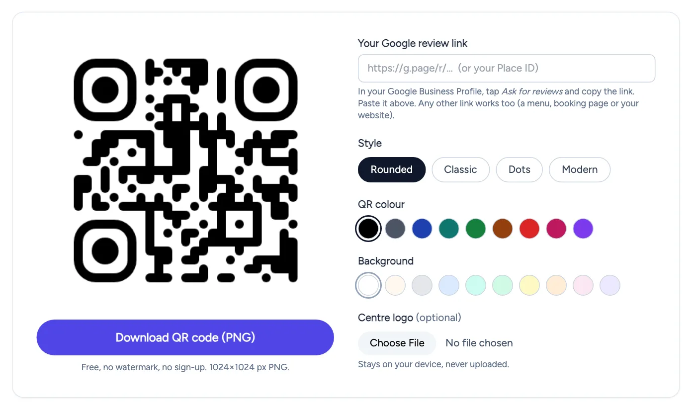 The free FaveCard Google review QR code generator, with a field for the review link, style options and a live QR code preview
