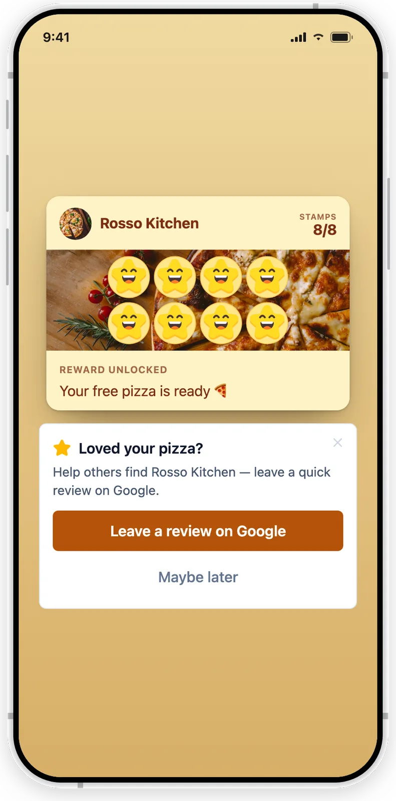 A pizzeria loyalty card on a phone at the reward-unlocked moment, with a separate Leave a review on Google prompt and a Maybe later option below it