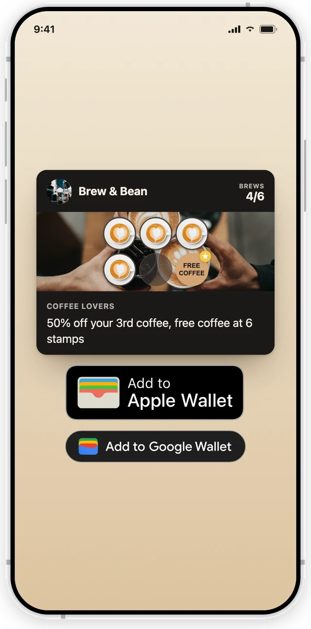 A FaveCard loyalty card for a coffee shop on a phone, showing 4 of 6 stamps collected, with Add to Apple Wallet and Add to Google Wallet buttons