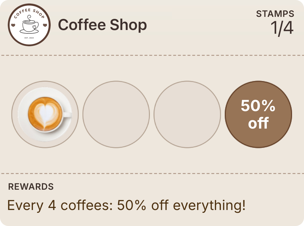 Digital loyalty card for a coffee shop — 4 stamps for 50% off everything (Coffee Shop example)