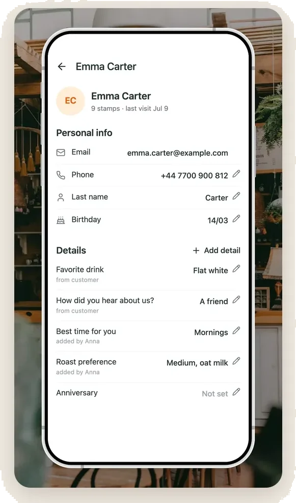 A customer profile in the FaveCard app: Emma Carter, 9 stamps, last visit July 9, with her favorite drink "Flat white" from the customer, "How did you hear about us? A friend", and notes added by a staff member: best time "Mornings", roast preference "Medium, oat milk"