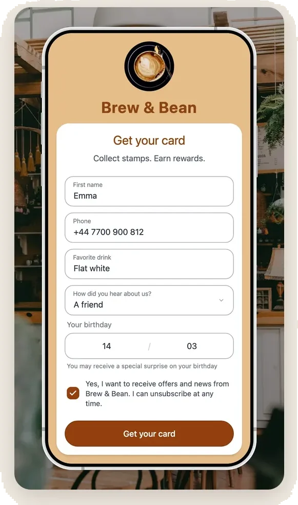 The FaveCard sign-up form for Brew & Bean on a phone: first name, phone, favorite drink, "How did you hear about us?" answered "A friend", birthday, and an opt-in for offers