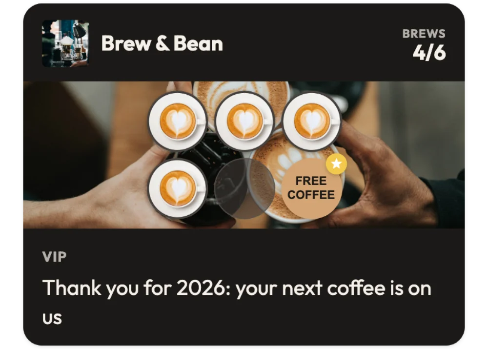 A Brew & Bean loyalty card at 4 of 6 brews, with the header "VIP" and the text "Thank you for 2026: your next coffee is on us"