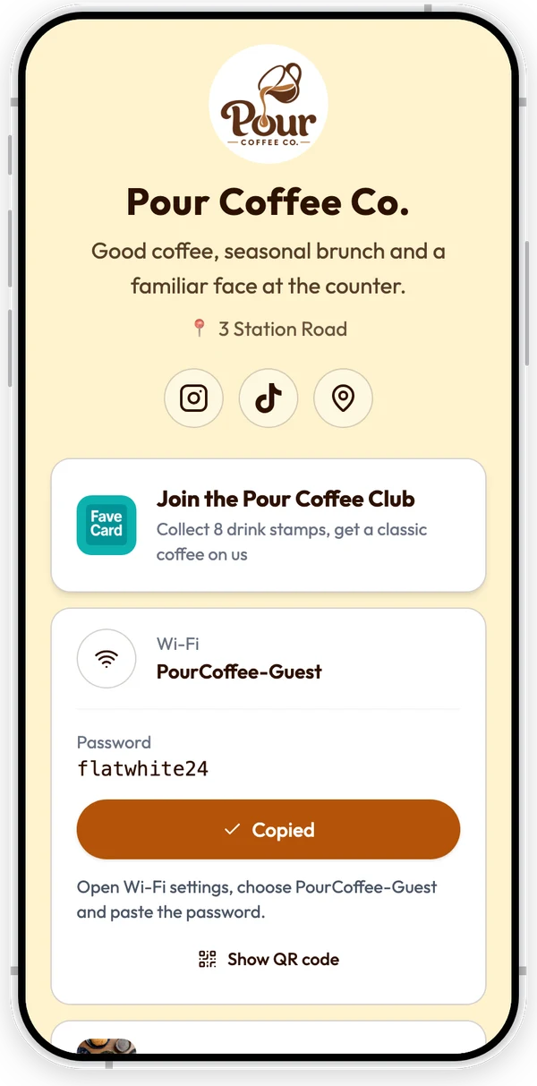 The same example page after Copy password: the button reads Copied and the text below says Open Wi-Fi settings, choose PourCoffee-Guest and paste the password, above the Show QR code link
