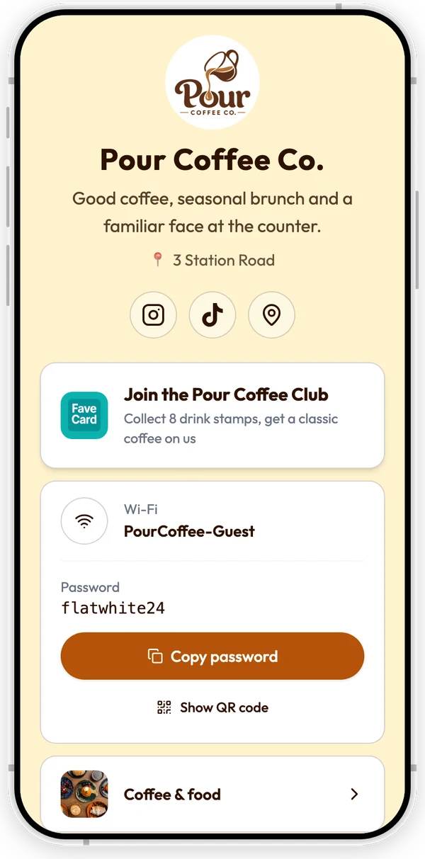 The FaveCard page of Pour Coffee Co., an example coffee shop, on a phone: logo, name and address, the Join the Pour Coffee Club loyalty card button, then a Wi-Fi tile with the network PourCoffee-Guest, the password flatwhite24, a Copy password button and Show QR code, and the Coffee & food menu tile