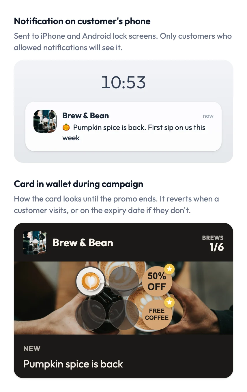 FaveCard campaign preview: a phone notification from Brew & Bean reading "Pumpkin spice is back. First sip on us this week" above the loyalty card showing "NEW" and "Pumpkin spice is back"