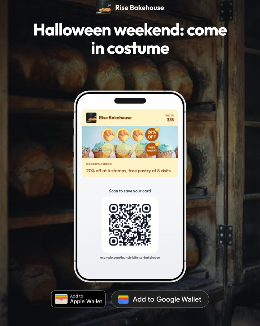 Instagram post for Rise Bakehouse: "Halloween weekend: come in costume" with the loyalty card and a QR code on a phone