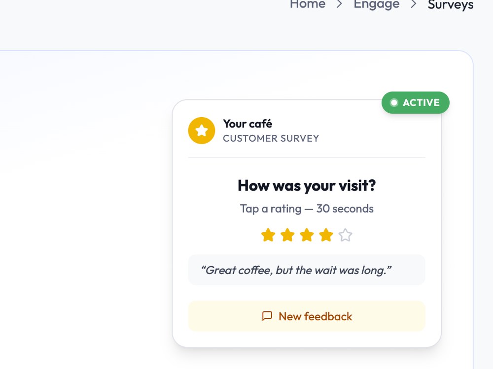 A FaveCard customer survey on a cafe loyalty card: a four-star rating with the comment Great coffee, but the wait was long.