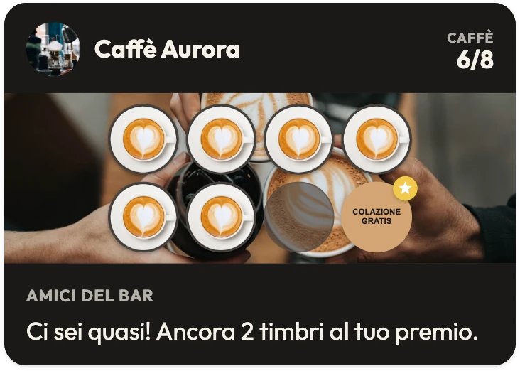 La carta fedeltà del bar Caffè Aurora a 6 caffè su 8, con il premio COLAZIONE GRATIS sull'ottavo timbro e la frase «Ci sei quasi! Ancora 2 timbri al tuo premio.»