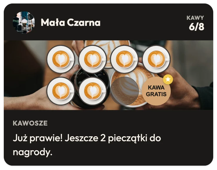 Karta lojalnościowa kawiarni Mała Czarna: 6 z 8 kaw, nagroda „Kawa gratis” na 8. pieczątce i komunikat na karcie „Już prawie! Jeszcze 2 pieczątki do nagrody.”