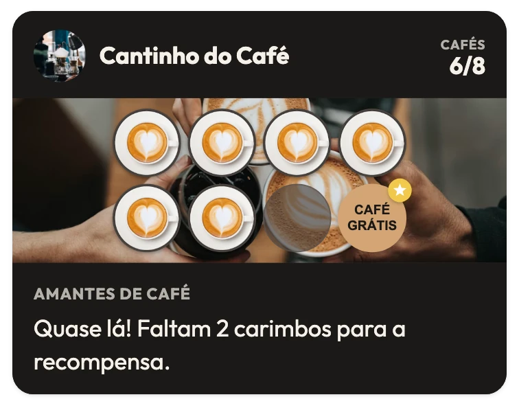 Cartão fidelidade do Cantinho do Café com 6 de 8 cafés, café grátis no 8º carimbo e a frase "Quase lá! Faltam 2 carimbos para a recompensa."