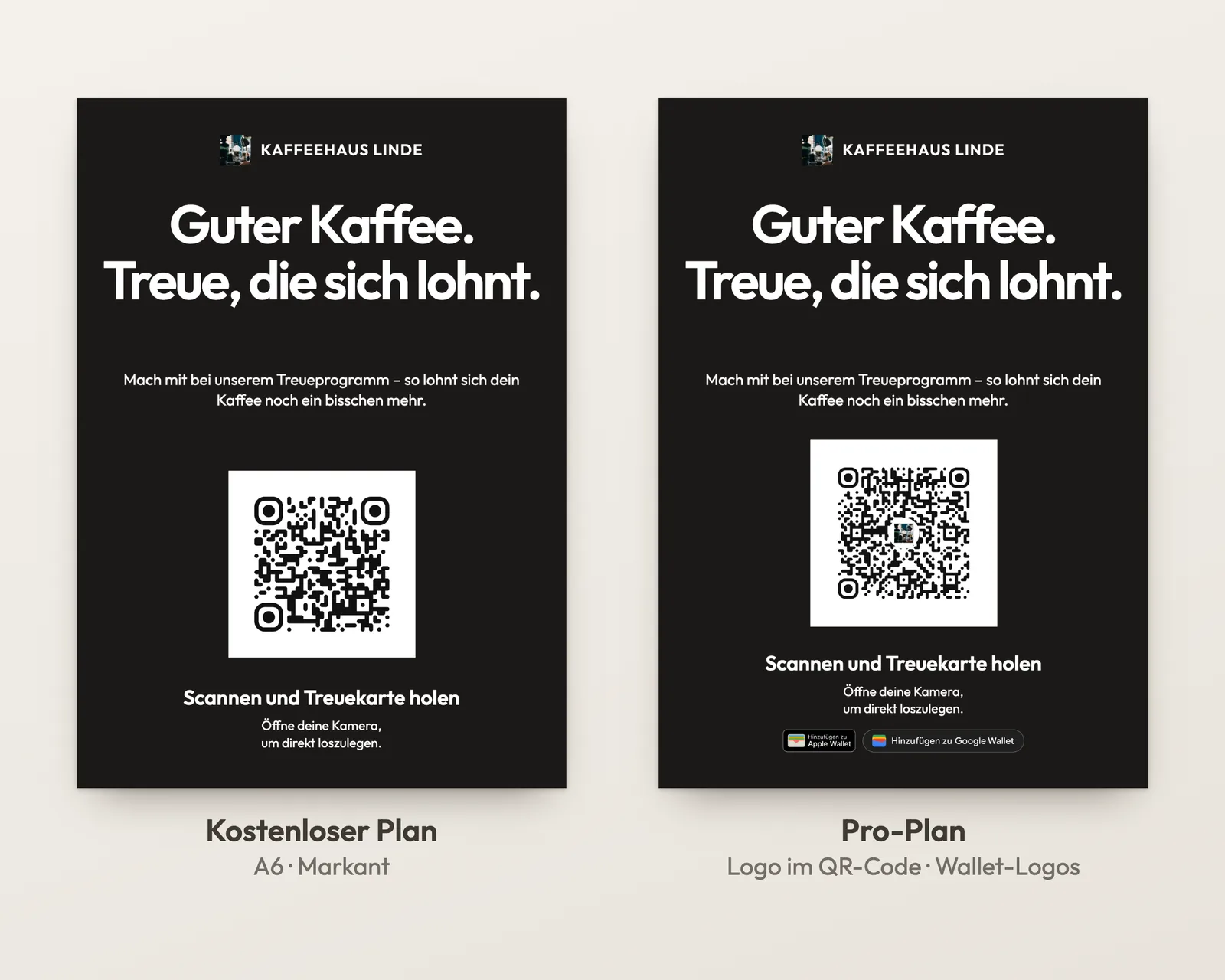 Dieselbe A6-Karte vom Kaffeehaus Linde in zwei Plänen: im kostenlosen Plan mit einfachem QR-Code, im Pro-Plan mit Logo im QR-Code und Schaltflächen für Apple Wallet und Google Wallet