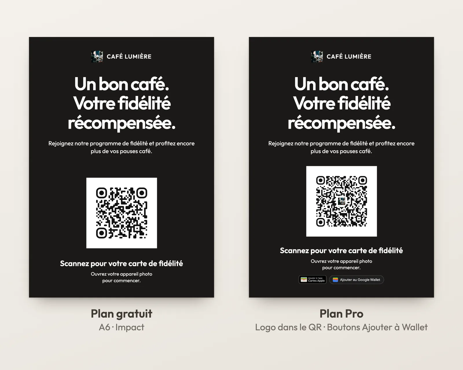 La même carte A6 de Café Lumière sur deux plans : plan Gratuit avec un QR code simple, plan Pro avec le logo dans le QR code et les boutons Ajouter à Wallet