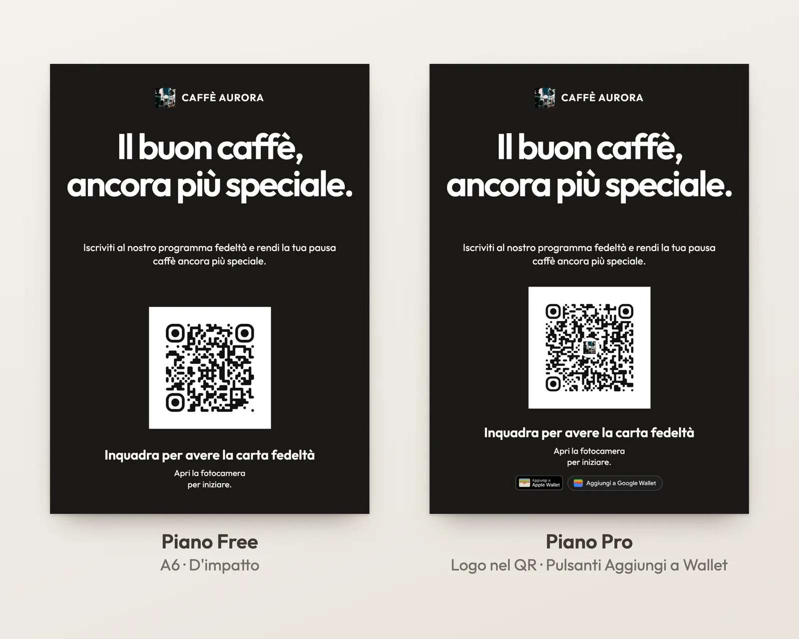 Lo stesso cartoncino A6 di Caffè Aurora con due piani: Free con un QR code semplice, Pro con il logo nel QR code e i pulsanti per Apple Wallet e Google Wallet