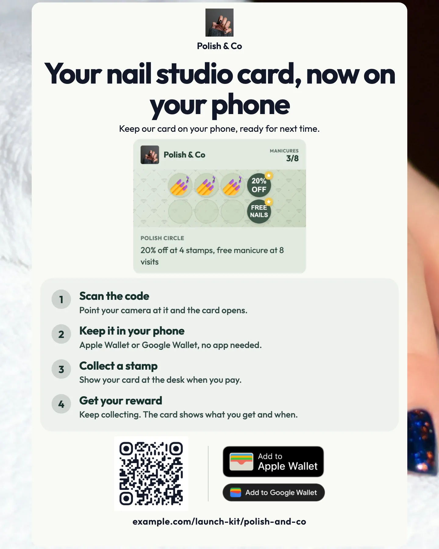 A how-to-join graphic for a nail studio: four steps to get and use the loyalty card, with a QR code and Apple and Google Wallet buttons