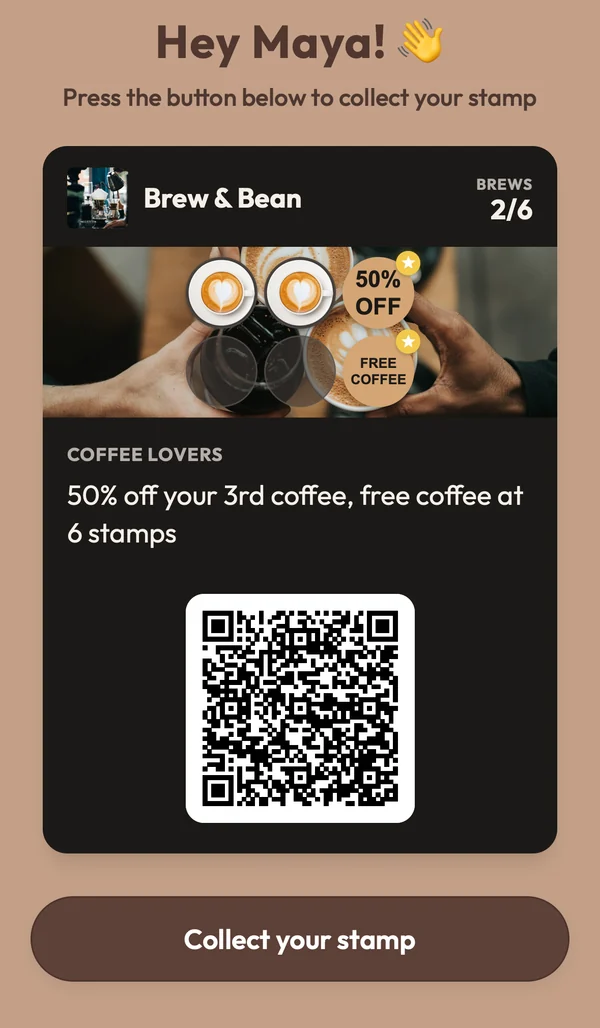 The FaveCard stamp page on a customer's phone with a Collect your stamp button under the loyalty card