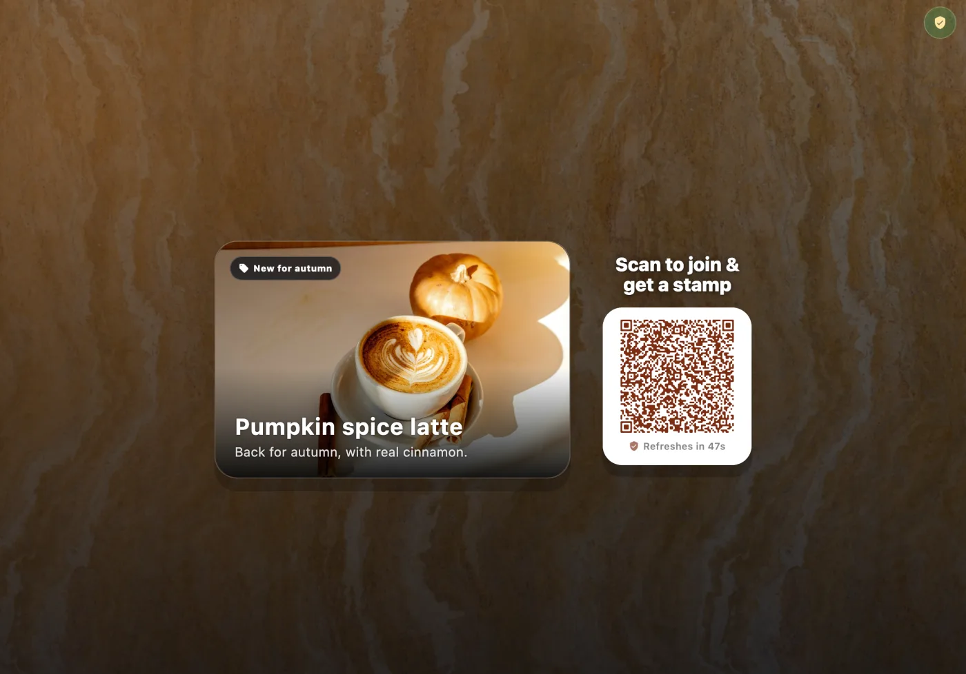 A FaveCard kiosk screen on an iPad showing a pumpkin spice latte promotion next to a QR code labelled Scan to join and get a stamp