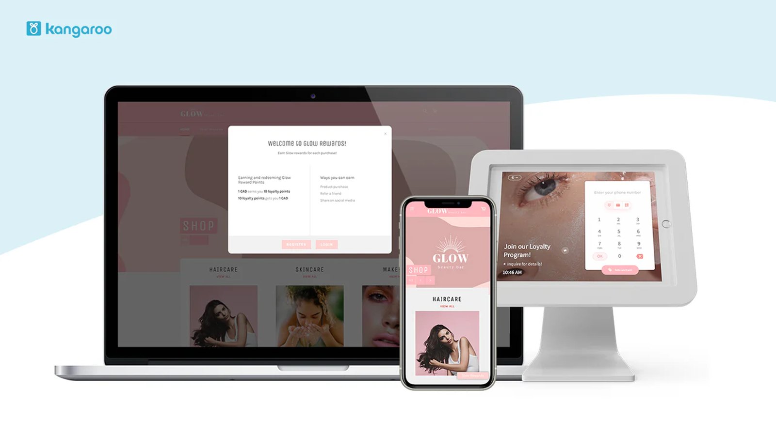 The Kangaroo Rewards platform shown across a laptop, phone and kiosk, running a beauty brand's points loyalty program.