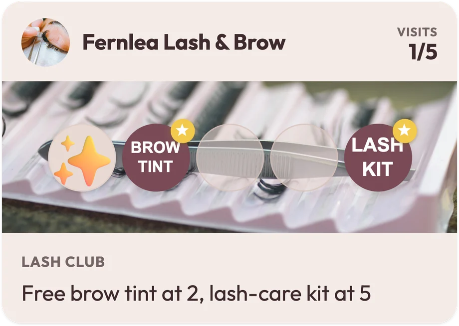 A FaveCard loyalty card for the example studio Fernlea Lash & Brow at 1 of 5 visits, with a Brow tint reward on stamp 2, a Lash kit reward on stamp 5 and the line "Free brow tint at 2, lash-care kit at 5"
