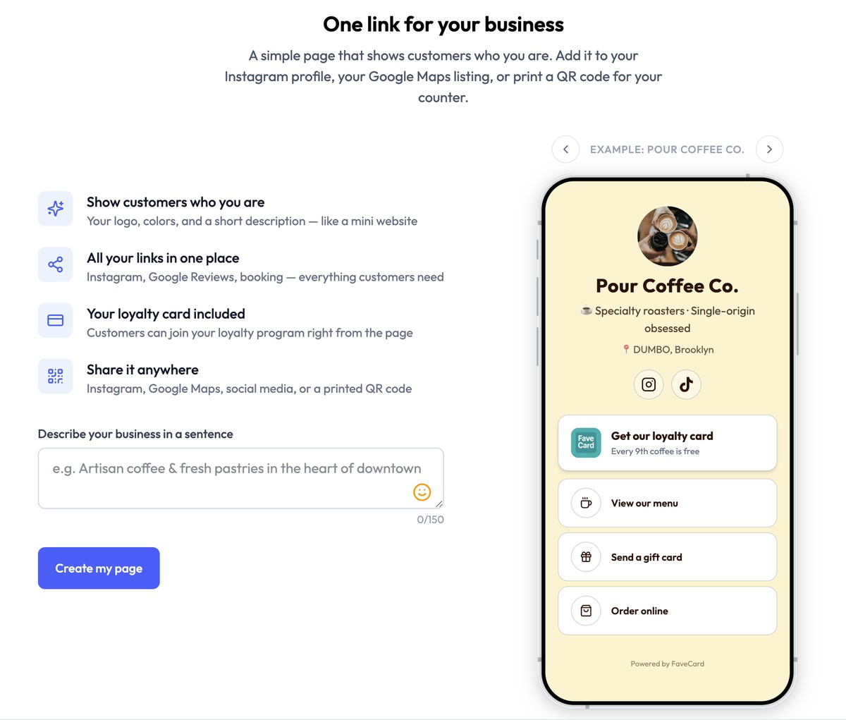 FaveCard business page for Pour Coffee Co. showing loyalty card, menu, and order links on a phone