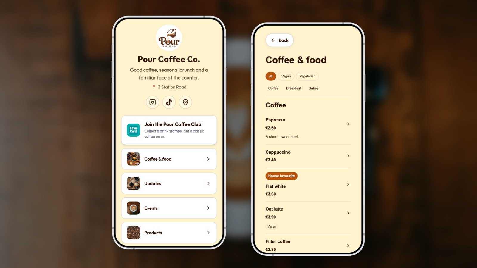 An example coffee shop's FaveCard page on two phones: the page with its loyalty card button, and the menu with prices
