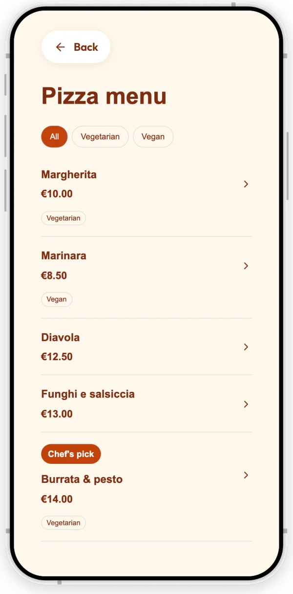 The example pizzeria's menu with Vegetarian and Vegan filter chips and pizzas with prices, including a Burrata & pesto pizza marked Chef's pick