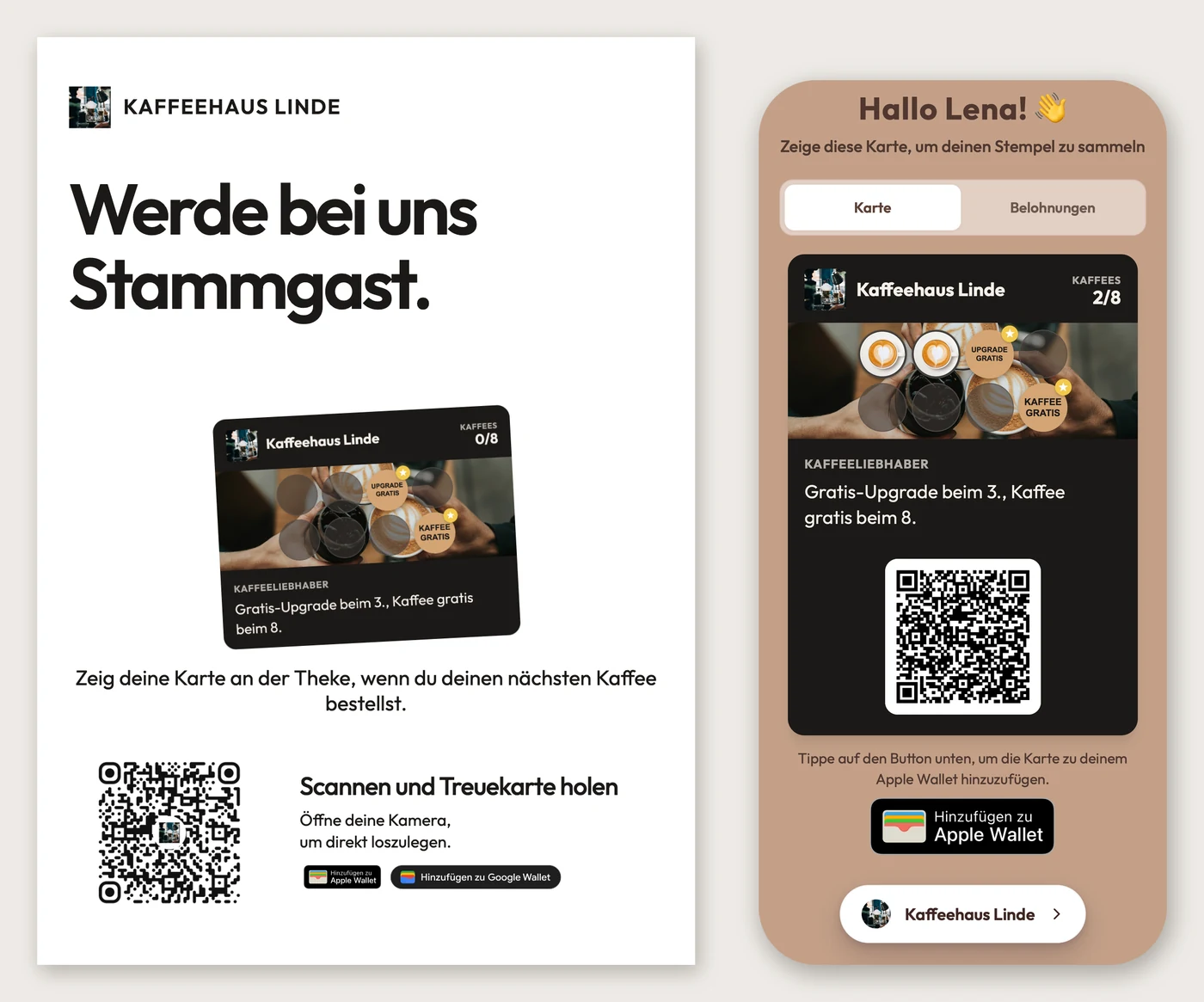 Dieselbe Treuekarte vom Kaffeehaus Linde zweimal im echten Größenverhältnis: links eine A6-Karte für die Theke mit der Überschrift „Werde bei uns Stammgast.“, der Karte mit 0 von 8 Stempeln und einem QR-Code neben „Scannen und Treuekarte holen“; rechts ein Smartphone mit derselben Karte mit 2 von 8 Kaffees, UPGRADE GRATIS beim 3. Stempel und KAFFEE GRATIS beim 8.
