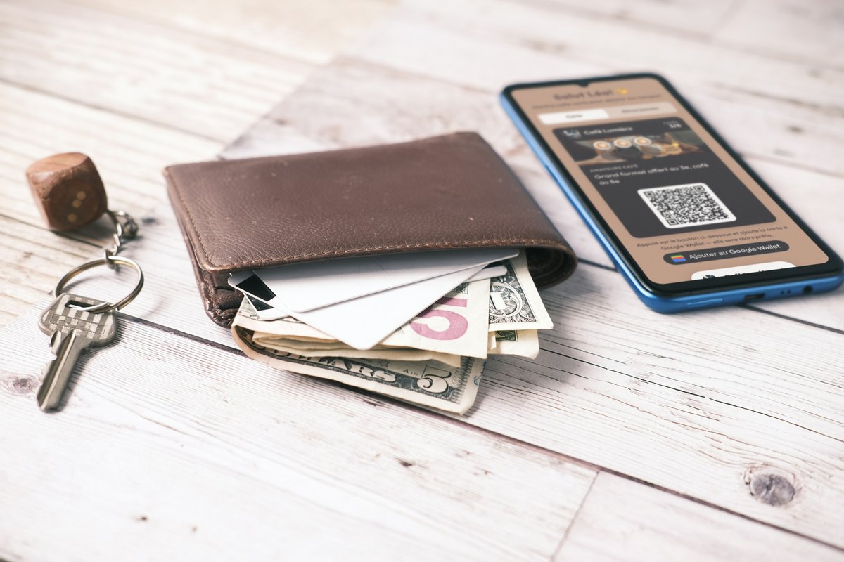 Illustration : un portefeuille en cuir rempli de cartes et de billets posé sur une table, à côté d'un téléphone qui affiche la carte de fidélité digitale de Café Lumière à 3 tampons sur 8