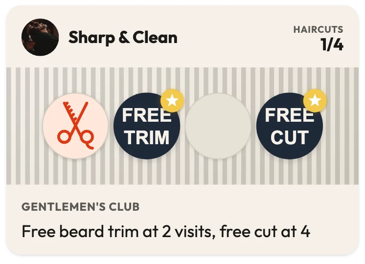 Sharp & Clean barbershop loyalty card with 1 of 4 haircuts collected, a Free trim reward on stamp 2 and a Free cut reward on stamp 4, and the line "Free beard trim at 2 visits, free cut at 4"