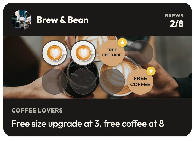 Brew & Bean coffee shop loyalty card with 2 of 8 brews collected, a Free upgrade reward on stamp 3 and a Free coffee reward on stamp 8, and the line "Free size upgrade at 3, free coffee at 8"