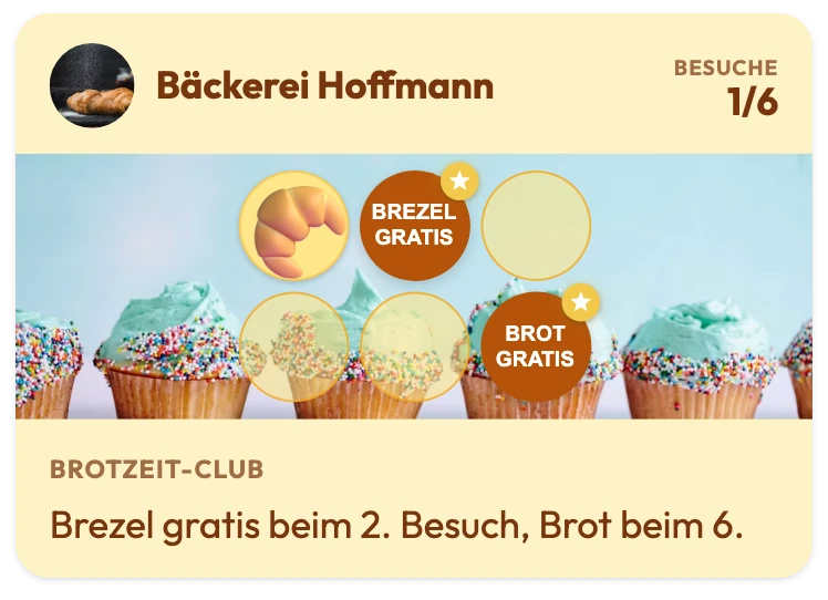 Treuekarte der Bäckerei Hoffmann mit 1 von 6 Besuchen: BREZEL GRATIS beim 2. Stempel, BROT GRATIS beim 6., dazu der Satz „Brezel gratis beim 2. Besuch, Brot beim 6.“