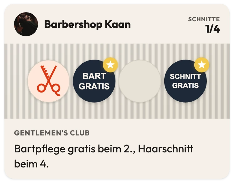 Treuekarte vom Barbershop Kaan mit 1 von 4 Haarschnitten: BART GRATIS beim 2. Stempel, SCHNITT GRATIS beim 4., dazu der Satz „Bartpflege gratis beim 2., Haarschnitt beim 4.“