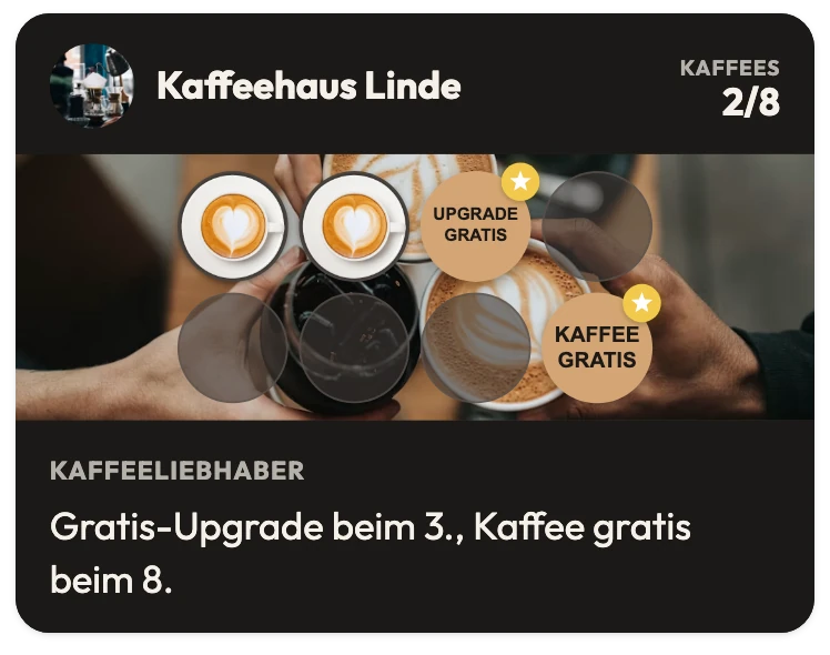 Treuekarte vom Kaffeehaus Linde mit 2 von 8 Kaffees: UPGRADE GRATIS beim 3. Stempel, KAFFEE GRATIS beim 8., dazu der Satz „Gratis-Upgrade beim 3., Kaffee gratis beim 8.“