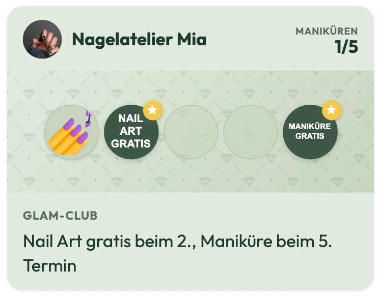 Treuekarte vom Nagelatelier Mia mit 1 von 5 Maniküren: NAIL ART GRATIS beim 2. Stempel, MANIKÜRE GRATIS beim 5., dazu der Satz „Nail Art gratis beim 2., Maniküre beim 5. Termin“