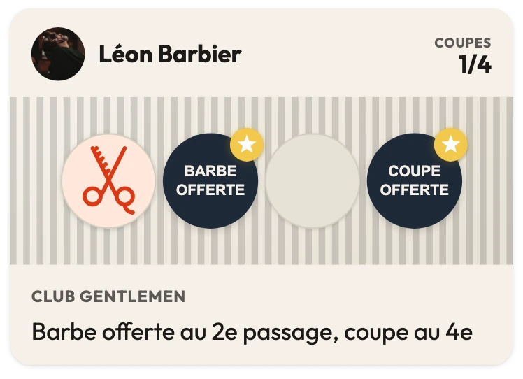 Carte de fidélité de Léon Barbier à 1 coupe sur 4, avec la récompense Barbe offerte au 2e tampon, Coupe offerte au 4e, et la phrase « Barbe offerte au 2e passage, coupe au 4e »