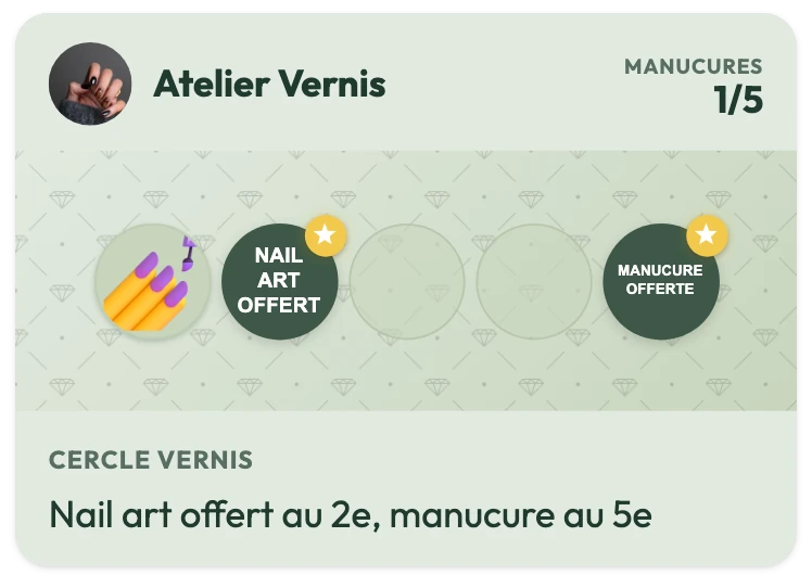 Carte de fidélité d'Atelier Vernis à 1 manucure sur 5, avec la récompense Nail art offert au 2e tampon, Manucure offerte au 5e, et la phrase « Nail art offert au 2e, manucure au 5e »