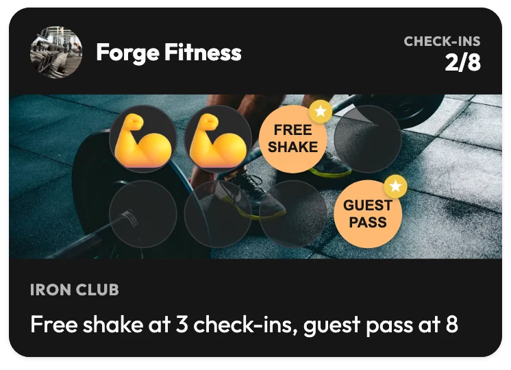 Forge Fitness gym loyalty card with 2 of 8 check-ins collected, a Free shake reward on stamp 3 and a Guest pass reward on stamp 8, and the line "Free shake at 3 check-ins, guest pass at 8"