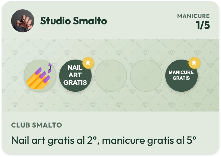 Carta fedeltà di Studio Smalto con 1 manicure su 5, il premio NAIL ART GRATIS sul secondo timbro e MANICURE GRATIS sul quinto, e la frase «Nail art gratis al 2°, manicure gratis al 5°»