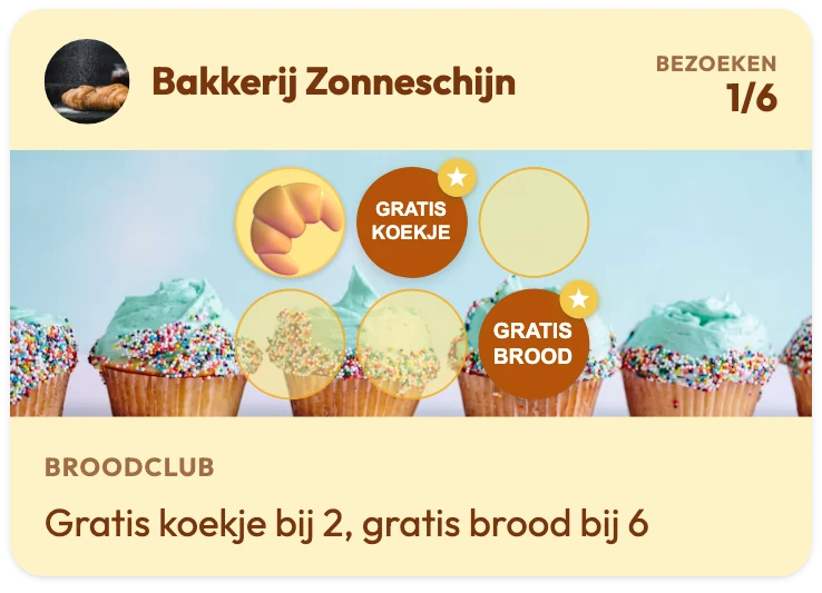 Klantenkaart van Bakkerij Zonneschijn met 1 van de 6 bezoeken gespaard, de beloning Gratis koekje op stempel 2 en Gratis brood op stempel 6, met de regel "Gratis koekje bij 2, gratis brood bij 6"