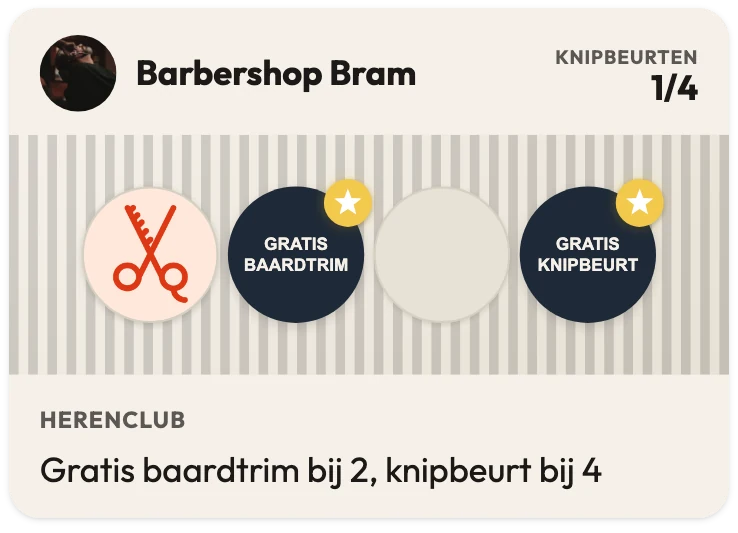 Klantenkaart van Barbershop Bram met 1 van de 4 knipbeurten gespaard, de beloning Gratis baardtrim op stempel 2 en Gratis knipbeurt op stempel 4, met de regel "Gratis baardtrim bij 2, knipbeurt bij 4"