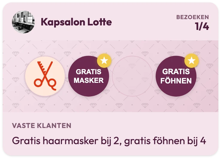 Klantenkaart van Kapsalon Lotte met 1 van de 4 bezoeken gespaard, de beloning Gratis masker op stempel 2 en Gratis föhnen op stempel 4, met de regel "Gratis haarmasker bij 2, gratis föhnen bij 4"