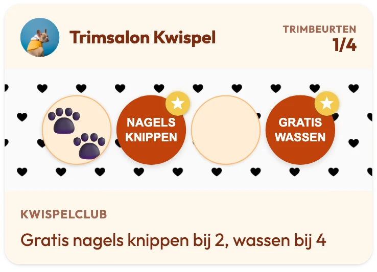 Klantenkaart van Trimsalon Kwispel met 1 van de 4 trimbeurten gespaard, de beloning Nagels knippen op stempel 2 en Gratis wassen op stempel 4, met de regel "Gratis nagels knippen bij 2, wassen bij 4"
