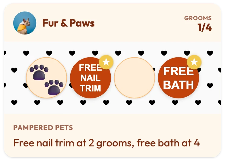 Fur & Paws pet groomer loyalty card with 1 of 4 grooms collected, a Free nail trim reward on stamp 2 and a Free bath reward on stamp 4, and the line "Free nail trim at 2 grooms, free bath at 4"