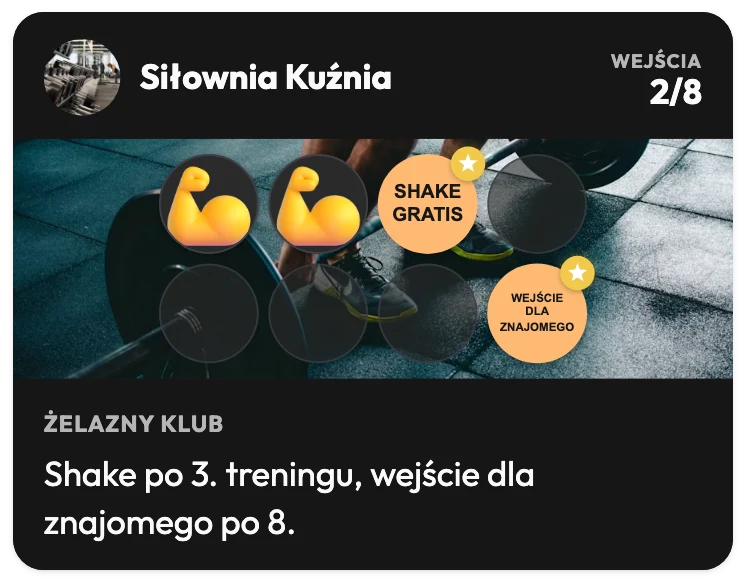 Karta lojalnościowa Siłowni Kuźnia z 2 z 8 wejść, nagrodą „Shake gratis” na 3. pieczątce i „Wejście dla znajomego” na 8., z tekstem „Shake po 3. treningu, wejście dla znajomego po 8.”