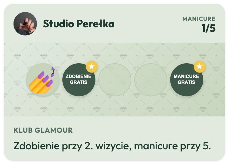 Karta lojalnościowa Studia Perełka z 1 z 5 manicure, nagrodą „Zdobienie gratis” na 2. pieczątce i „Manicure gratis” na 5., z tekstem „Zdobienie przy 2. wizycie, manicure przy 5.”