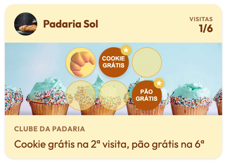 Cartão fidelidade da Padaria Sol com 1 de 6 visitas, cookie grátis no 2º carimbo, pão grátis no 6º e a frase "Cookie grátis na 2ª visita, pão grátis na 6ª"