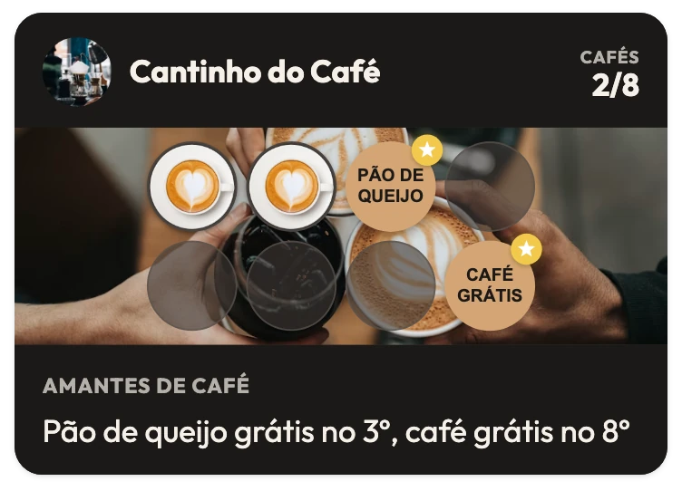 Cartão fidelidade da cafeteria Cantinho do Café com 2 de 8 cafés, pão de queijo no 3º carimbo, café grátis no 8º e a frase "Pão de queijo grátis no 3º, café grátis no 8º"