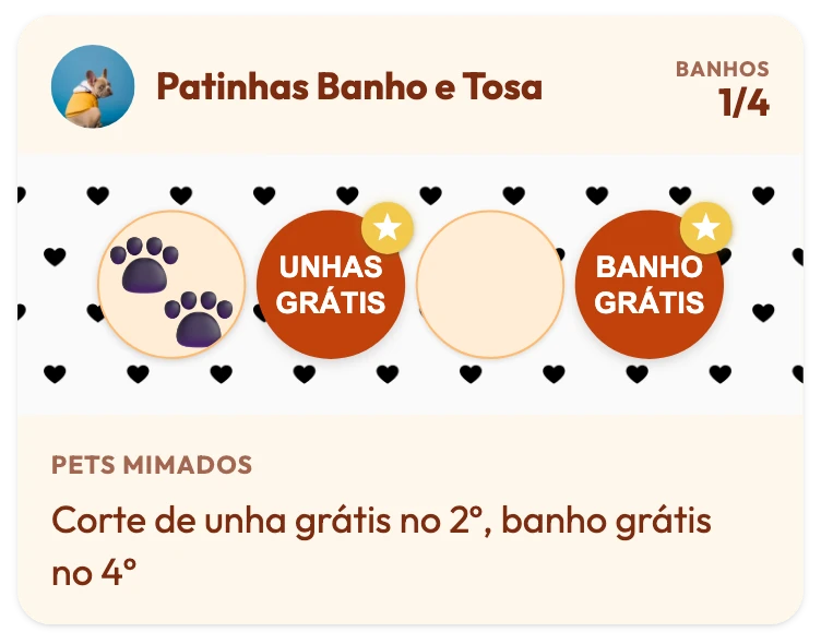 Cartão fidelidade do pet shop Patinhas Banho e Tosa com 1 de 4 banhos, corte de unha grátis no 2º carimbo, banho grátis no 4º e a frase "Corte de unha grátis no 2º, banho grátis no 4º"